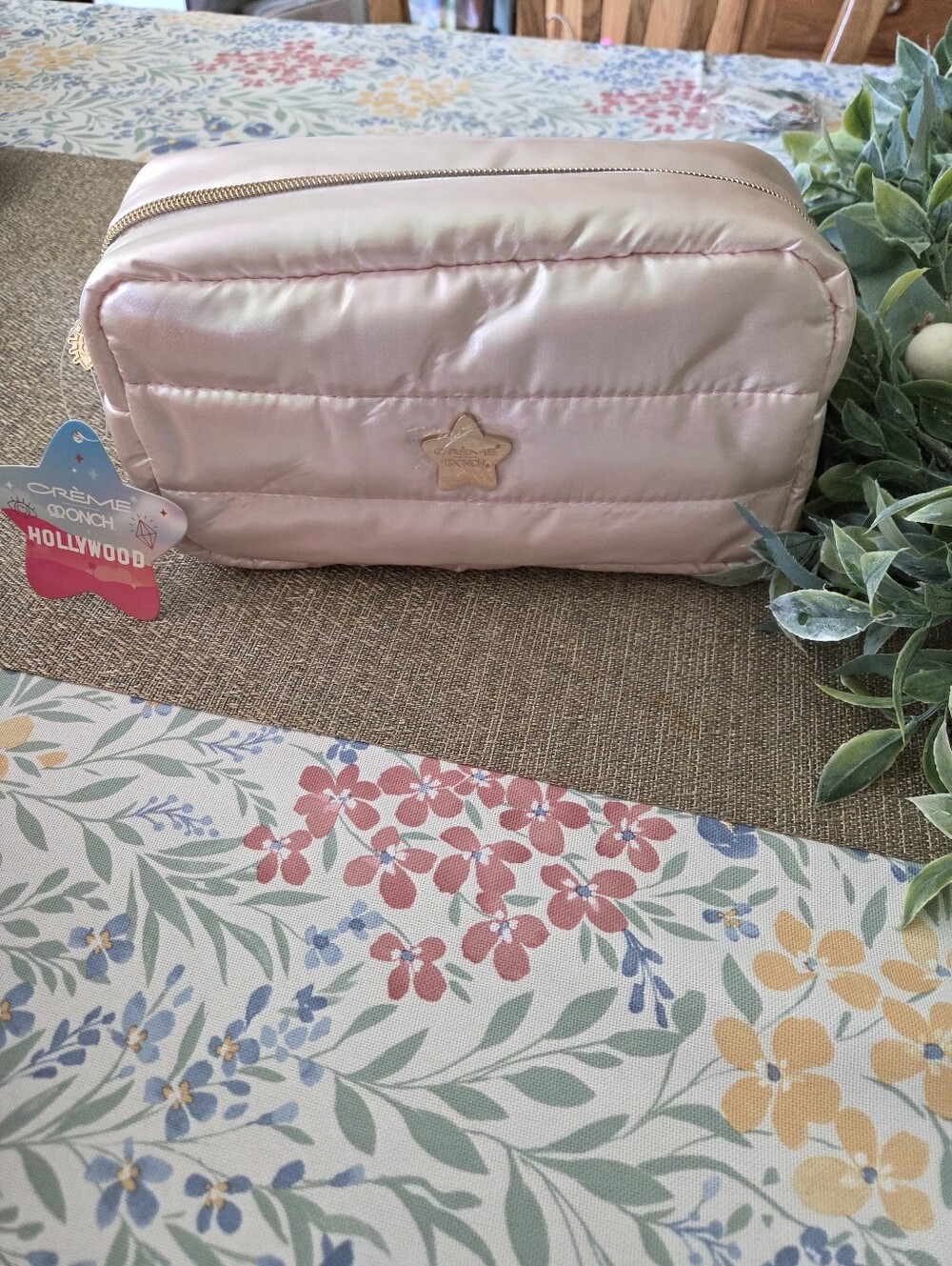 CHELSEA & BROOKE Pink Quilted Satin Cosmetic Pouch with Gold Star Accent